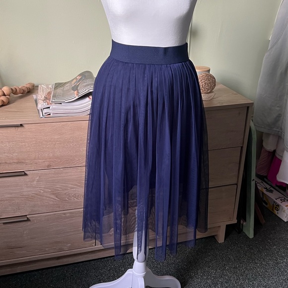 Navy Blue Modest Layered Pleated Highwaist Mesh Tutu Midi Knee-Length Skirt XS-S - Picture 7 of 16